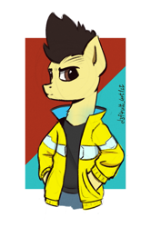 Size: 815x1226 | Tagged: safe, artist:d3f4ult_4rt1st, oc, earth pony, pony, abstract background, clothes, colored sketch, cyberpunk, cyberpunk 2077, jacket, male, ponified, simple background, solo