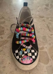 Size: 640x893 | Tagged: safe, artist:kreeeeeez, pinkie pie, earth pony, pony, g4, beads, clothes, converse, female, floppy ears, head only, irl, looking up, mare, photo, pinkamena diane pie, reddit, shoes, solo