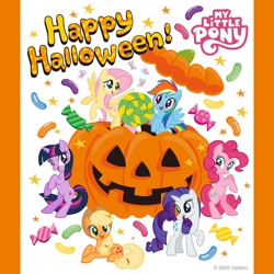Size: 1080x1080 | Tagged: safe, artist:mylittleponyjpn, applejack, fluttershy, pinkie pie, rainbow dash, rarity, twilight sparkle, earth pony, pegasus, pony, unicorn, g4, official, candy, female, food, halloween, happy halloween, holiday, jack-o-lantern, late, mane six, mare, my little pony logo, pumpkin, unicorn twilight