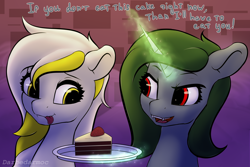 Size: 3072x2048 | Tagged: safe, artist:darbedarmoc, oc, oc only, oc:gold.de, oc:minerva, pegasus, pony, unicorn, birthday, birthday cake, cake, dialogue, duo, duo female, eyes on the prize, fangs, female, food, glowing, glowing horn, golden eyes, high res, horn, looking at each other, looking at someone, magic, red eyes, smiling, telekinesis, tongue out, two toned mane