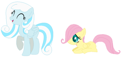 Size: 792x376 | Tagged: safe, artist:janethepegasus, artist:selenaede, fluttershy, oc, oc:snowdrop, pegasus, pony, g4, 2017, age swap, alternate universe, base used, duo, duo female, eyes closed, female, filly, filly fluttershy, mare, older snowdrop, pegasus oc, role reversal, simple background, white background, younger