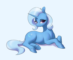Size: 3320x2750 | Tagged: safe, artist:aquaticvibes, trixie, pony, unicorn, g4, blue background, female, high res, looking at you, mare, simple background, solo, underhoof