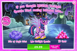 Size: 1960x1297 | Tagged: safe, gameloft, twilight sparkle, alicorn, gynoid, pony, robot, robot pony, g4, advertisement, antennae, camera, costs real money, english, female, gem, horn, introduction card, magic coins, mare, numbers, roboticization, sale, solo, spread wings, text, tree, twibot, twilight sparkle (alicorn), wings