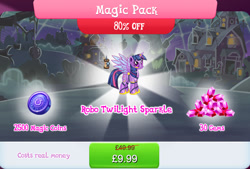 Size: 1264x854 | Tagged: safe, gameloft, twilight sparkle, alicorn, gynoid, pony, robot, robot pony, g4, antennae, bundle, camera, costs real money, english, female, gem, horn, magic coins, magic pack, mare, numbers, roboticization, sale, solo, spread wings, text, tree, twibot, twilight sparkle (alicorn), wings