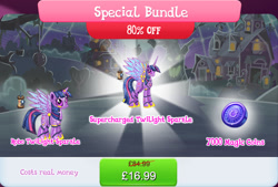 Size: 1270x860 | Tagged: safe, gameloft, twilight sparkle, alicorn, gynoid, pony, robot, robot pony, g4, antennae, bundle, camera, costs real money, duality, english, female, gem, height difference, horn, magic coins, mare, numbers, roboticization, sale, solo, spread wings, text, tree, twibot, twilight sparkle (alicorn), wings