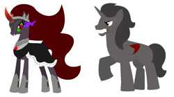 Size: 1040x584 | Tagged: safe, artist:janethepegasus, artist:selenaede, king sombra, oc, oc:astelle, alicorn, pony, unicorn, g4, 2017, alicornified, alternate universe, base used, cape, clothes, colored horn, colored wings, concave belly, crown, curved horn, duo, duo male and female, fangs, female, hoof shoes, horn, jewelry, male, mare, physique difference, race swap, regalia, role reversal, simple background, slender, sombra eyes, sombra horn, sombracorn, stallion, thin, white background, wings