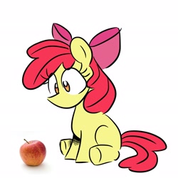 Size: 2048x2048 | Tagged: safe, artist:balychen, apple bloom, earth pony, pony, g4, apple, female, filly, foal, food, high res, simple background, sitting, solo, white background