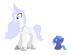 Size: 720x552 | Tagged: safe, artist:janethepegasus, artist:selenaede, princess luna, oc, oc:artemis, alicorn, pony, g4, 2017, age swap, alicorn oc, alternate universe, baby luna, base used, crown, duo, duo male and female, female, filly, filly luna, hoof shoes, horn, jewelry, male, male alicorn, mare, necklace, regalia, role reversal, s1 luna, simple background, stallion, white background, wings, younger