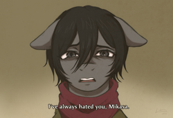 Size: 3000x2048 | Tagged: safe, artist:littmosa, pony, anime, attack on titan, clothes, crying, female, floppy ears, high res, mikasa ackerman, ponified, redraw, sad, scarf, solo, subtitles