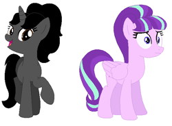 Size: 592x436 | Tagged: safe, artist:janethepegasus, artist:selenaede, starlight glimmer, oc, oc:lily peet, pegasus, pony, unicorn, g4, 2017, alternate universe, base used, duo, duo female, female, mare, pegasus starlight glimmer, race swap, role reversal, simple background, white background