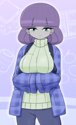 Size: 1398x2300 | Tagged: safe, artist:batipin, maud pie, human, equestria girls, g4, breasts, busty maud pie, clothes, eyeshadow, female, food, fruit, hanten, lidded eyes, long sleeves, looking at you, makeup, pants, pockets, smiling, smiling at you, solo, sweater, table, tea, window
