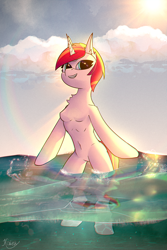 Size: 4000x6000 | Tagged: safe, artist:kainy, oc, oc:linaxero, unicorn, semi-anthro, absurd file size, absurd resolution, arm hooves, belly button, chest fluff, cloud, partially submerged, smiling, sun, water