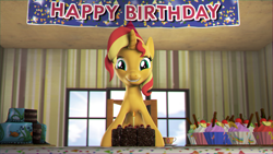 Size: 3840x2160 | Tagged: safe, artist:egr1n, sunset shimmer, pony, unicorn, g4, 3d, 4k, banner, birthday, black forest cake, cake, candle, chair, cup, cupcake, cute, day, female, fire, food, grin, hat, high res, horn, looking at you, party hat, pie, shimmerbetes, smiling, smiling at you, smirk, solo, source filmmaker, sun, table, teacup, wallpaper, window