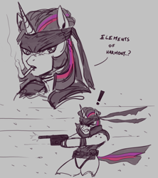 Size: 2202x2480 | Tagged: safe, artist:nire, twilight sparkle, pony, unicorn, g4, bandana, cigarette, exclamation point, gun, handgun, high res, metal gear, metal gear solid, pistol, sketch, solid snake, solid sparkle, weapon
