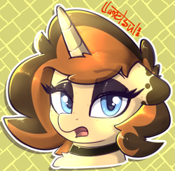 Size: 1443x1407 | Tagged: safe, artist:llametsul, oc, oc only, oc:creme cookie, pony, unicorn, chest fluff, choker, eyeshadow, female, freckles, heart, heart eyes, looking at you, makeup, mare, open mouth, signature, solo, wingding eyes