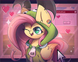 Size: 2400x1900 | Tagged: safe, artist:miryelis, fluttershy, pegasus, pony, antonymph, aesthetics, clothes, cursor, cute, fluttgirshy, gir, heart, long hair, looking at you, microsoft, one eye closed, open mouth, shyabetes, smiling, smiling at you, solo, spread wings, suit, text, vylet pony, windows, wings