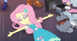 Size: 624x340 | Tagged: safe, edit, edited screencap, screencap, applejack, fluttershy, sci-twi, twilight sparkle, greavard, human, equestria girls, g4, my little pony equestria girls: better together, outtakes (episode), clothes, dress, eyes closed, fluttershy boho dress, geode of fauna, lying down, magical geodes, pokémon, pokémon scarlet and violet, this will end in death, this will not end well