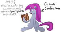 Size: 1715x899 | Tagged: safe, oc, oc:cosmic confusion, pony, unicorn, book, fangs, purple hair, simple background, solo, text, white background