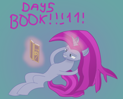 Size: 1120x900 | Tagged: safe, oc, oc:cosmic confusion, pony, unicorn, book, purple hair, solo, text