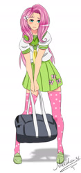 Size: 1024x2195 | Tagged: safe, artist:naruko16-33, fluttershy, human, g4, bag, blushing, clothes, cutie mark on clothes, female, humanized, school uniform, simple background, socks, solo, thigh highs, white background, zettai ryouiki