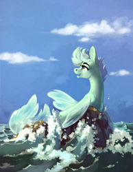 Size: 1939x2500 | Tagged: safe, artist:28gooddays, oc, oc only, seapony (g4), cloud, digital art, fin wings, fins, fish tail, flowing tail, high res, looking up, ocean, open mouth, rock, sky, smiling, solo, tail, water, wings