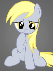 Size: 750x1000 | Tagged: safe, alternate version, artist:doshino, derpibooru exclusive, derpy hooves, pony, g4, absurd file size, absurd gif size, animated, cross-eyed, crying, gif, gray background, looking down, raised hoof, sad, show accurate, simple background, sitting, this pony needs a hug, wavy mouth