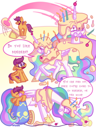 Size: 1536x2048 | Tagged: safe, artist:eucalipt, princess celestia, scootaloo, alicorn, pegasus, pony, g4, angry, cake, cannon, catapult, comic, commission, dialogue, do you like bananas?, duo, food, fuse, glowing, glowing horn, gritted teeth, horn, magic, motion lines, pony cannonball, prank, speech bubble, teeth, this will end in a trip to the moon, to the moon