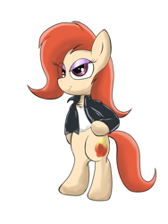 Size: 1200x1600 | Tagged: safe, artist:amateur-draw, oc, oc:phosphor flame, earth pony, pony, bipedal, clothes, female, jacket, leather, leather jacket, mare, shirt, simple background, solo, white background