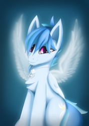 Size: 3508x4960 | Tagged: safe, artist:syntriax, oc, oc only, oc:valor compassion, pegasus, pony, absurd resolution, angelic wings, clothes, female, jewelry, looking at you, mare, multicolored mane, multicolored tail, pendant, smiling, smiling at you, solo, tail, wings