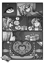 Size: 2480x3508 | Tagged: safe, artist:moonseeker, sweetie belle, pony, unicorn, comic:sweet apple pie, g4, apple, apple pie, bed, black and white, comic, female, food, grayscale, heart shaped, high res, implied big macintosh, implied sugar belle, mare, monochrome, older, older sweetie belle, pie, sniffing