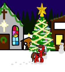 Size: 1275x1414 | Tagged: safe, artist:professorventurer, oc, oc only, oc:professor venturer, pegasus, pony, awestruck, carrot, chapel, christmas, christmas lights, christmas tree, christmas wreath, church, confused, cross, food, garland, hat, holiday, nativity scene, night, nightcap, noah's ark, shop, snowman, tinsel, top hat, tree, wreath