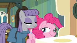 Size: 1000x563 | Tagged: safe, screencap, maud pie, pinkie pie, earth pony, pony, g4, maud pie (episode), duo, duo female, eyes closed, female, great moments in animation, mare, mid-blink screencap, ponk, siblings, sisters, smear frame, wide eyes