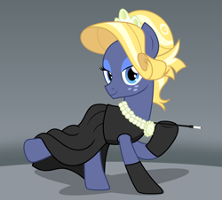 Size: 2268x2048 | Tagged: safe, artist:badumsquish, derpibooru exclusive, star tracker, earth pony, pony, g4, season 6, the gift of the maud pie, alternate hairstyle, audrey hepburn, beautiful, black dress, breakfast at tiffany's, cigarette, cigarette holder, clothes, cosplay, costume, crossdressing, crossplay, dress, eyeshadow, freckles, gloves, gray background, high res, holly golightly, hoof hold, implied rarity, jewelry, looking at you, makeup, male, necklace, outfit catalog, pearl necklace, pose, raised hoof, raised leg, sexy, show accurate, simple background, smiling, socks, solo, stallion, starcrossed, tiara