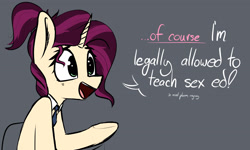 Size: 2345x1403 | Tagged: safe, alternate version, artist:pinkberry, oc, oc only, oc:mulberry merlot, pony, unicorn, dialogue, doodle, female, freckles, gray background, interview, job interview, mare, mulberry is a foalslut, open mouth, sex education, simple background, sketch, solo