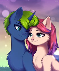 Size: 1999x2399 | Tagged: safe, alternate character, alternate version, artist:alunedoodle, oc, oc only, oc:lichtschatten, cat, pony, unicorn, affection, couple, cute, duo, female, male
