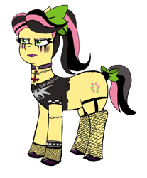 Size: 1364x1645 | Tagged: artist needed, source needed, safe, posey bloom, earth pony, pony, g5, alternate hairstyle, bauhaus, bow, chains, choker, clothes, cross, eyeshadow, female, fishnets, goth, hair bow, hoof polish, inverted cross, lipstick, makeup, mare, mascara, running makeup, simple background, solo, torn clothes, unamused, white background