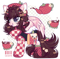 Size: 4159x4132 | Tagged: safe, artist:loxord666, oc, oc only, oc:strawberry tea (ice1517), pegasus, pony, bag, choker, clothes, ear piercing, earring, female, freckles, grin, hat, hoodie, jewelry, mare, markings, piercing, raised hoof, shorts, simple background, smiling, socks, solo, white background