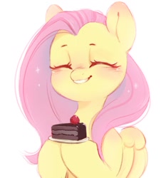 Size: 982x1055 | Tagged: safe, artist:melodylibris, fluttershy, pegasus, pony, blushing, bust, cake, cake slice, cute, daaaaaaaaaaaw, ear blush, eyes closed, female, food, grin, happy, holding, hoof hold, mare, plate, shyabetes, simple background, smiling, solo, sparkling mane, strawberry, weapons-grade cute, white background, wings