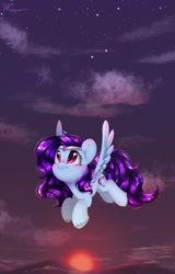 Size: 766x1200 | Tagged: safe, artist:jsunlight, artist:melodylibris, oc, oc only, oc:nebula dusk, pegasus, pony, circlet, collaboration, commission, female, flying, looking up, mare, solo, sunset, ych result