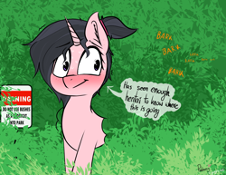 Size: 2602x2007 | Tagged: safe, artist:pinkberry, oc, oc only, oc:mae (pinkberry), pony, unicorn, bush, high res, i've seen enough hentai to know where this is going, imminent bestiality, imminent rape, imminent sex, mae be a zooslut, solo, stuck, trapped