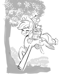 Size: 1273x1614 | Tagged: safe, artist:sketchtablet, applejack, earth pony, pony, g4, apple, apple tree, barrel, cute, eyes closed, female, food, galloping, grin, jackabetes, mare, monochrome, smiling, solo, sweet apple acres, tree