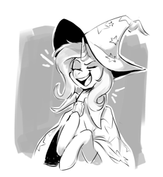 Size: 1218x1318 | Tagged: safe, artist:sketchtablet, trixie, pony, unicorn, g4, boasting, bust, cape, clothes, eyes closed, female, grayscale, hat, mare, monochrome, open mouth, portrait, trixie's cape, trixie's hat