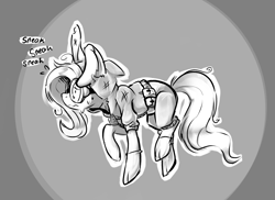 Size: 1295x942 | Tagged: safe, artist:sketchtablet, fluttershy, pegasus, pony, g4, bunny ears, clothes, costume, dangerous mission outfit, female, goggles, hoodie, mare, monochrome, nervous, sneaking, solo, sweat