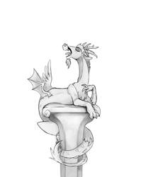 Size: 1447x1817 | Tagged: safe, artist:sketchtablet, discord, draconequus, g4, male, monochrome, pedestal, pose, simple background, solo, statue, white background