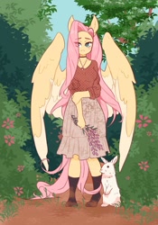 Size: 1431x2048 | Tagged: safe, artist:lanabeerawr, angel bunny, fluttershy, pegasus, rabbit, anthro, plantigrade anthro, g4, animal, choker, clothes, colored wings, colored wingtips, cottagecore, dress, eye clipping through hair, eyebrows, eyebrows visible through hair, socks, wings