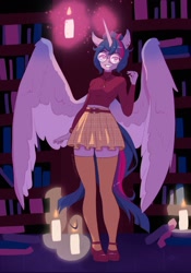 Size: 1431x2048 | Tagged: safe, artist:lanabeerawr, twilight sparkle, alicorn, anthro, plantigrade anthro, g4, bookshelf, candle, clothes, ear piercing, earring, glasses, jewelry, levitation, looking at you, magic, midriff, miniskirt, piercing, skirt, smiling, smiling at you, socks, solo, spread wings, telekinesis, thigh highs, turtleneck, twilight sparkle (alicorn), wings