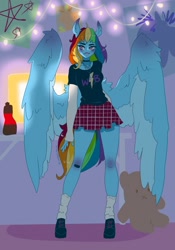 Size: 1431x2048 | Tagged: safe, artist:lanabeerawr, rainbow dash, pegasus, anthro, plantigrade anthro, g4, bandage, blushing, boots, choker, clothes, long sleeves, plaid skirt, plushie, shoes, skirt, smiling, socks, solo, spread wings, teddy bear, wings