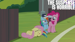 Size: 1920x1080 | Tagged: safe, edit, edited screencap, editor:quoterific, screencap, fluttershy, pinkie pie, rainbow dash, earth pony, pegasus, pony, 2 4 6 greaaat, g4, baseball cap, cap, coach rainbow dash, covering eyes, eyes closed, female, frown, hat, looking at someone, mare, open mouth, suspense, trio, trio female
