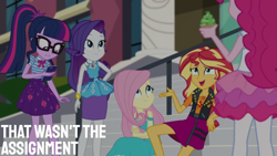 Size: 1920x1080 | Tagged: safe, edit, edited screencap, editor:quoterific, screencap, fluttershy, pinkie pie, rarity, sci-twi, sunset shimmer, twilight sparkle, human, equestria girls, equestria girls series, g4, text support, belt, bowtie, cellphone, clothes, cupcake, cutie mark on clothes, eyeshadow, fluttershy boho dress, food, frilly design, geode of empathy, geode of fauna, geode of shielding, geode of telekinesis, glasses, group, hairpin, hand on hip, jalapeño supernova cupcake, jewelry, leather, leather vest, magical geodes, makeup, necklace, pantyhose, pencil skirt, pendant, phone, pocket, polo shirt, rah rah skirt, rarity peplum dress, shoulderless shirt, skirt, sleeveless, smartphone, spikes, subtitles, tank top, vest