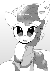 Size: 3000x4310 | Tagged: safe, artist:vultraz, pinkie pie, earth pony, pony, g4, blushing, bronybait, clothes, dialogue, female, grayscale, looking at you, manga, mare, monochrome, offscreen character, open mouth, parody, ponerpics import, ponified, ponified manga, pov, raised hoof, speech bubble, sweater, talking, talking to viewer